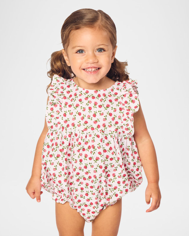 Girl's Petite Petals Ruffled Twill Romper, Size 0M-24M